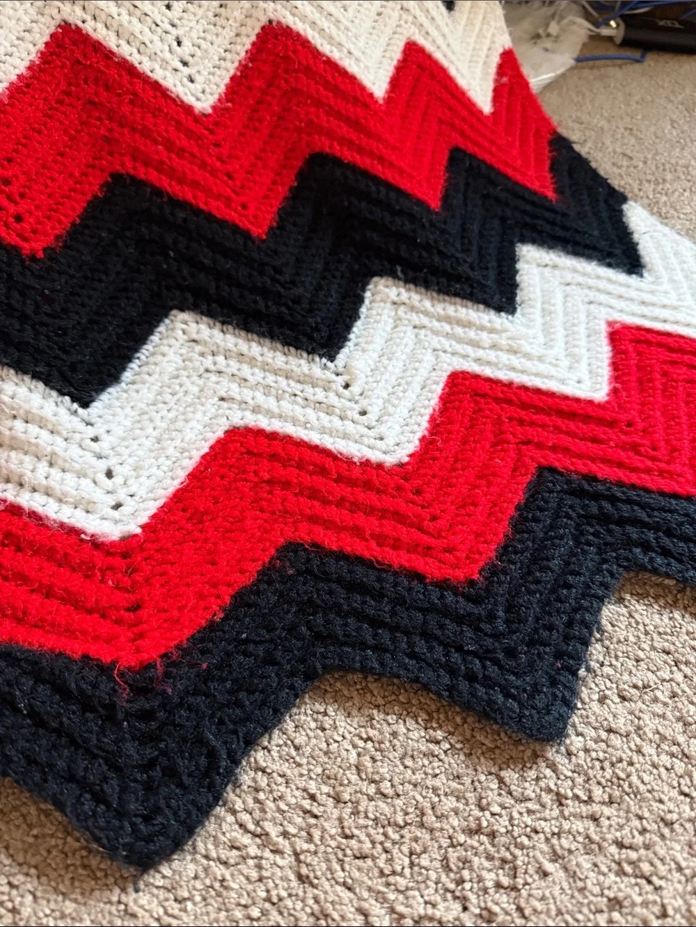 Hand Crafted Red Black White Chevron Crochet Throw Blanket